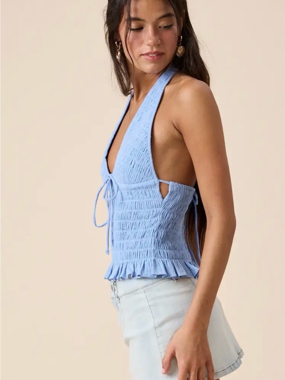 Blue Smocked Halter Ruffle Tank Top - Picture 6 of 6